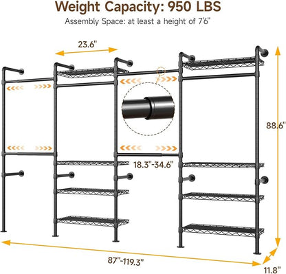 H4 Wall Mounted Closet System, Expandable Industrial Pipe Clothes Rack Clothing Rack for Hanging Clothes, Heavy Duty Closet Organizers and Storage in Wardrobe Closet