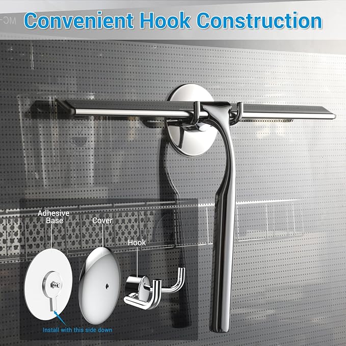 Shower Squeegee for Glass Doors, 12" Stainless Steel Squeegees for Shower Doors, Bathroom, Window and Car Glass, All-Purpose Cleaning Squeegee with Matching Hooks Holder, 1 Replacement Squeegee Blade