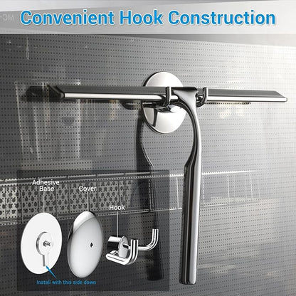 Shower Squeegee for Glass Doors, 12" Stainless Steel Squeegees for Shower Doors, Bathroom, Window and Car Glass, All-Purpose Cleaning Squeegee with Matching Hooks Holder, 1 Replacement Squeegee Blade