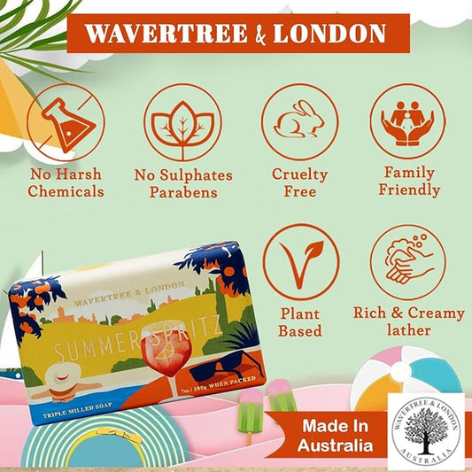 Wavertree & London Summer Spritz Scented Natural Soap (8 Bars), 7oz Moisturizing French Triple Milled Soap Bars enriched with shea butter - Pure Plant Oil Bath & Body Bars for All Skin Types