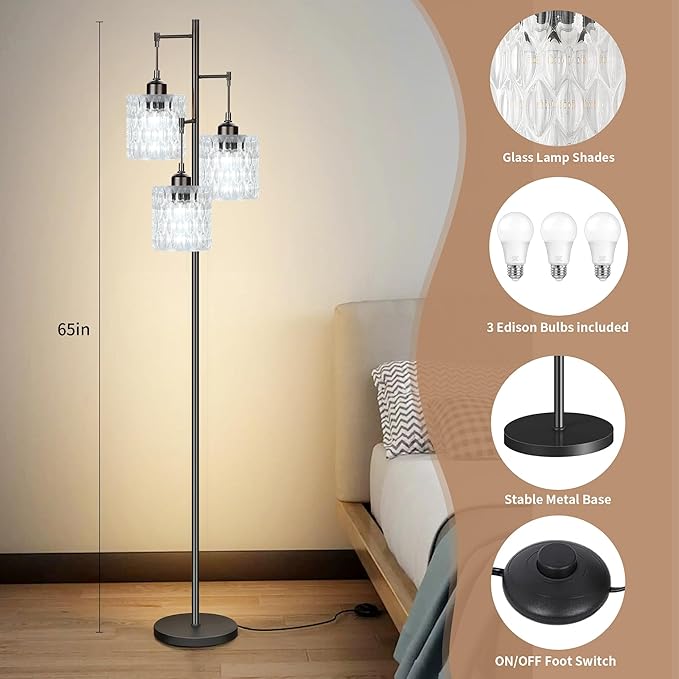 Black Floor Lamp for Living Room Bedroom,Mid Century Modern Floor Lamps with Transparent Glass Shades,3 Lights Vintage Tree Floor Lamps for Corner Office,68IN Tall Standing Lamp Bulbs Included