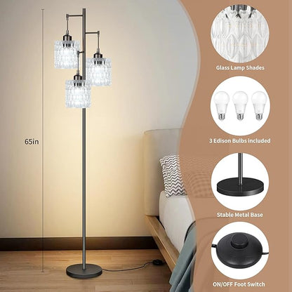 Black Floor Lamp for Living Room Bedroom,Mid Century Modern Floor Lamps with Transparent Glass Shades,3 Lights Vintage Tree Floor Lamps for Corner Office,68IN Tall Standing Lamp Bulbs Included