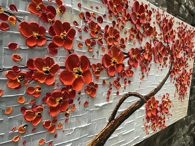 YaSheng Art -Large Size hand-painted Oil Painting On Canvas Texture Palette Knife Red Flowers Paintings Modern Home Decor Wall Art Painting Colorful 3D Flowers Tree Paintings Ready to hang 24x60inch
