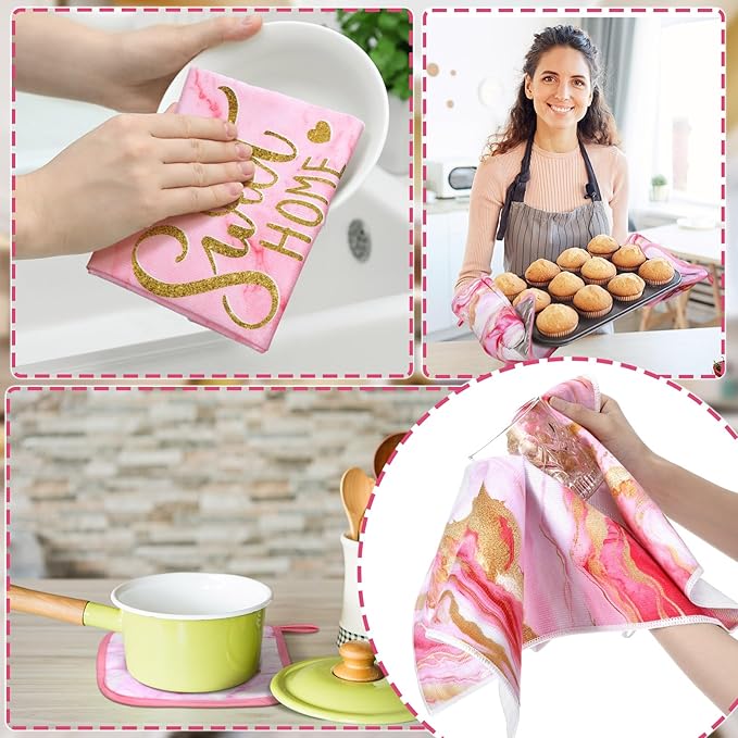 10 Pcs Christmas Marble Farmhouse Kitchen Decor Accessories Set Marble Kitchen Dish Towels Rugs Oven Mitts and Pot Holders Sets for Cooking Baking Daughter Mom Gift(Pink)