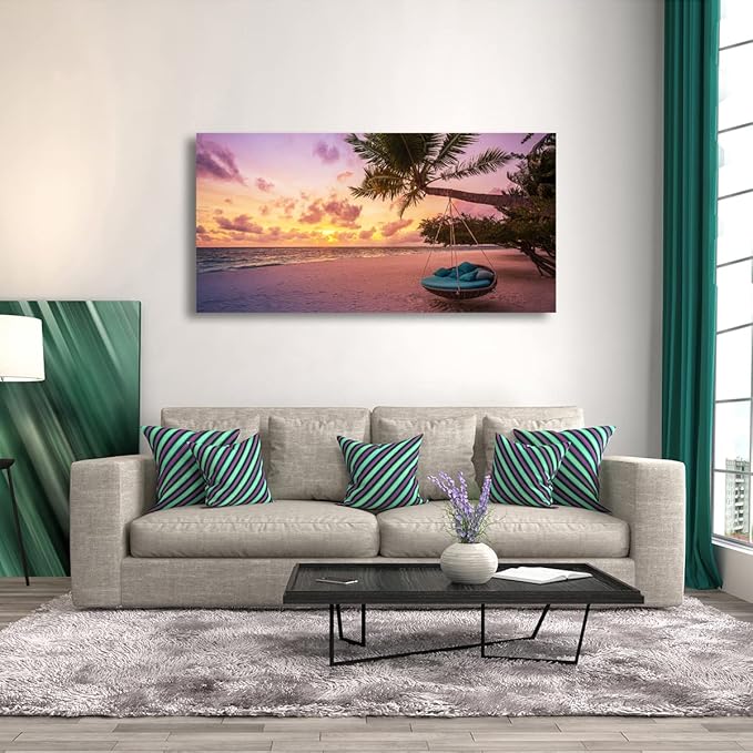 Purple Beach Palm Pictures Canvas Wall Art For Living Room Bedroom Wall Decor,Sunset Wall Art Print Paitnings For Home Decor,Morden Artwork Coconut Tree Canvas Art Ready To Hang-20x40Inches
