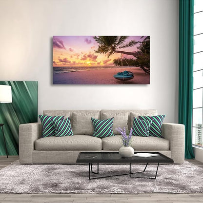 Purple Beach Palm Pictures Canvas Wall Art For Living Room Bedroom Wall Decor,Sunset Wall Art Print Paitnings For Home Decor,Morden Artwork Coconut Tree Canvas Art Ready To Hang-20x40Inches