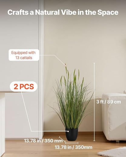 VEVOR Artificial Grass Plant, 2 Pack 35 inch Cattail Grass in Pot, Premium PVC Faux Fake Greenery Shrubs Plant for Indoor Outdoor House Home Garden Office Room Décor, Housewarming, Green