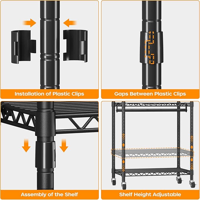 Homeiju Heavy Duty Rolling Garment Rack with Adjustable Wire Shelving, 3 Tiers Clothes Rack with Double Rods and Side Hooks, Freestanding Wardrobe Storage Rack Metal Clothing Rack, Black