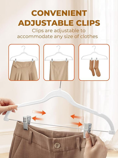 HOUSE DAY Velvet Skirt Hangers 24 Pack, White Velvet Hanger with Adjustable Clips, Space Saving Slim Pant Hangers, Heavy Duty Non Slip Clip Hanger for Pants, Skirts, Shorts
