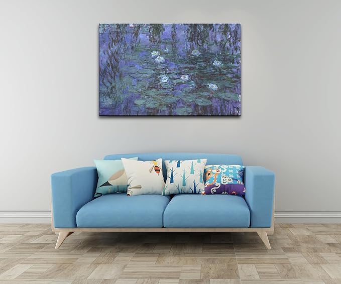 Large Blue Water Lilies by Claude Monet Canvas Wall Art Famous Painting - Classic Artwork Wall Decor Picture Print with Framed for Bedroom Living Room Office -32"x48"