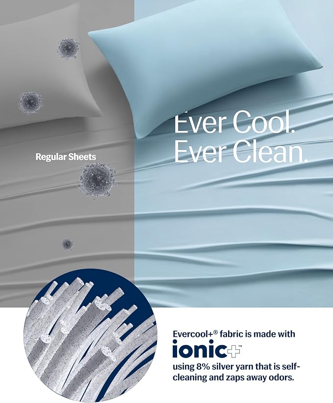 REST® Evercool®+ Starter Sheet Set, King, Light Blue, Breathable Bed Sheets for Hot Sleeper and Night Sweats, with Pillowcases, Ionic+ Self-Cleaning Silver Yarn for Sensitive Skin, 3PCS No Flat Sheet