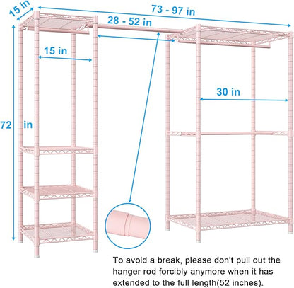 Ulif E10 Clothes Rack（With Stretchable Hanger Rod）Freestanding Clothing Racks for Hanging Clothes，Adjustable Closet Organizer System，Portable Garment Rack 73-97"W x 15" D x 72" H，Max Load 800LBS，Pink