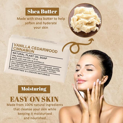 Wavertree & London Vanilla, Cedarwood & Cinnamon Scented Natural Soap (8 Bars), 7oz Moisturizing French Triple Milled Soap Bars enriched with shea butter, Plant Oil Bath & Body Bars for All Skin Types