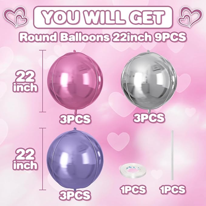Pink Purple Silver Round Foil Balloons 9 pcs,Metallic Giant 4D Round Balloons 22 Inch for Birthday Baby Shower Wedding Princess Party Decorations