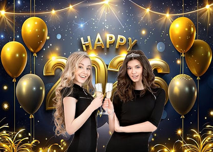 AIIKES 82.6x59 Inches Happy New Year Backdrop Black and Gold New Year Party Decoration XY239