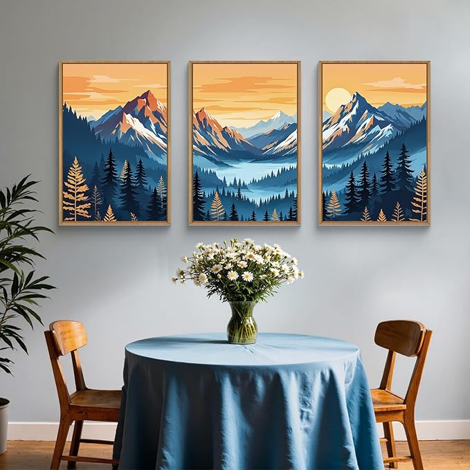 HLNIUC Boho Abstract Blue Orange Mountain Wall Art Framed, Large Pine Tree Ridge Wall Decor set of 3 (16"x24"), Sunset Forest Landscape Canvas Painting, Nature Prints for Living Room, Bedroom, Office