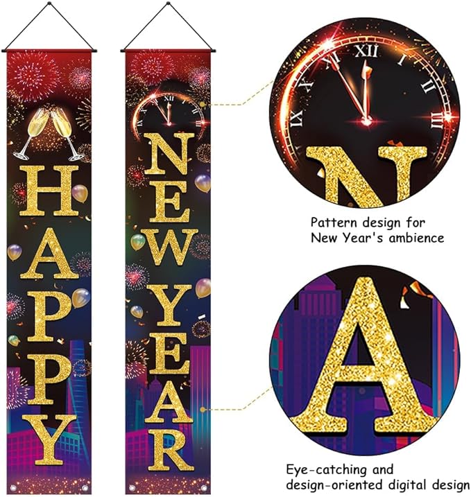 2026 New-Years Decorations, Premium Happy New Year Banner, Large 71x12in, Ideal New Years Eve Party Supplies 2026, Classic Design, HQ Fabric, HD Printing, Perfect for NYE Decorations