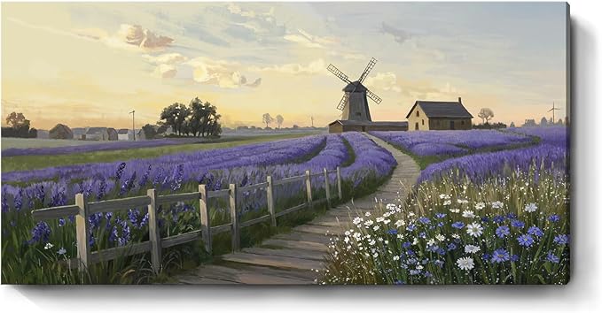 amatop Oversized Wall Picture for Living Room Farmhouse Purple Lavender Artwork Pastoral Countryside Scenery Daisy Flowers Floral Canvas Prints Panoramic Sunset Landscape Picture Bedroom 58x29 In