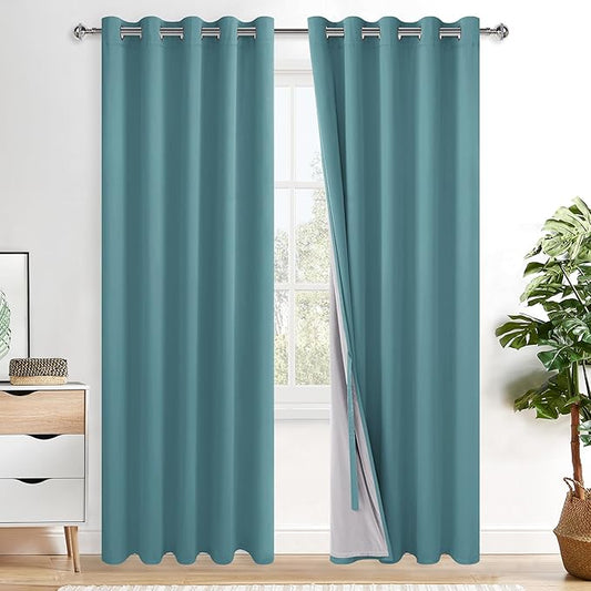 XWZO 100% Blackout Curtains - Thermal Insulated Black Liner Curtains, Noise Reducing and Heat Blocking Drapes for Hall and Studio Windows with Tiebacks, Stone Blue, W60 x L84, Set of 2