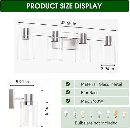 4-Light Modern Vanity Light Fixtures Over Mirror, Brushed Nickel Bathroom Light Fixtures, Vanity Lights, Wall Sconce with Clear Glass Shade for Bathroom, E26 Base