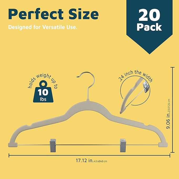 Velvet Skirt Hangers – with Adjustable Clips, 360 Degree Swivel Hook, and Non-Slip Shoulder Notch, Holds Up to 10 lbs, for Organizing Skirt, Pants, Dress, and Clothes, Pack of 20, Ivory