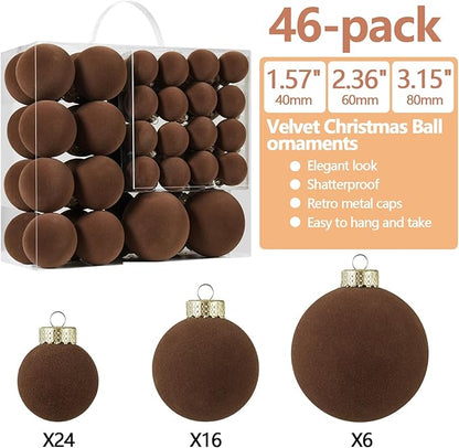 Velvet Christmas Ball Ornaments Set-46pcs Flocked Shatterproof Christmas Tree Decorations Plastic Xmas Decorative Hanging Ornaments for Xmas Holiday Home Decor,3 Sizes(Brown)