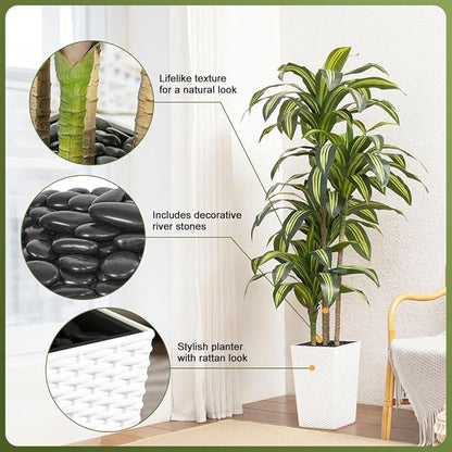 Artificial Dracaena Tree 6FT - UV Resistant Faux Tree with Large Taper Planter & Pebbles - Tall Fake Plants Indoor & Outdoor, Potted Floor Plant for Home Living Room Porch Decor, VN127