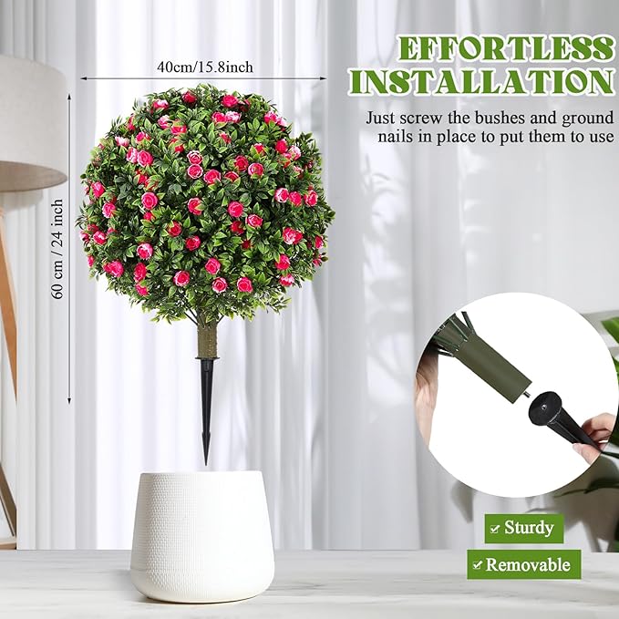 24 Artificial Topiary Ball Tree with Flower Set of 2,Outdoor Fake Topiary with Ground Spike,UV Resistant Faux Artificial Plant Bushes for Indoor Outdoor Front Porch Garden Decor (Pink & White)