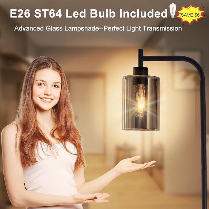 DLLT Floor Lamp Tall for Room: Black Standing Lamp with Grey Glass Lampshade for Living Room - Modern Bright Lamp for Bedroom - Industrial Corner Floor Lamps for Office 8W Led Bulb Included