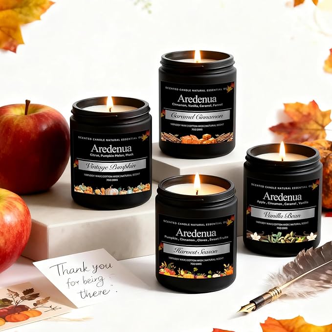 Winter Holiday Candles Set – Cinnamon, Vanilla Bean, Harvest Season & Pumpkin, Cozy Christmas Seasonal Candles Gift, Hand-Poured Soy Candle for Christmas Home Décor & Cozy Winter Gifting