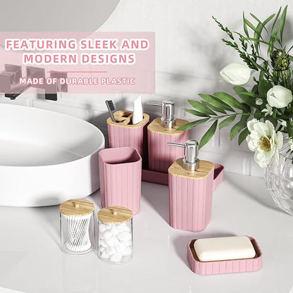 Bathroom Accessories Set - 25PC Pink Bathroom Set, Bathroom Set with Shower Curtain and Rugs, Pink Shower Curtain Set, Toilet Brush, Bathroom Trash Can