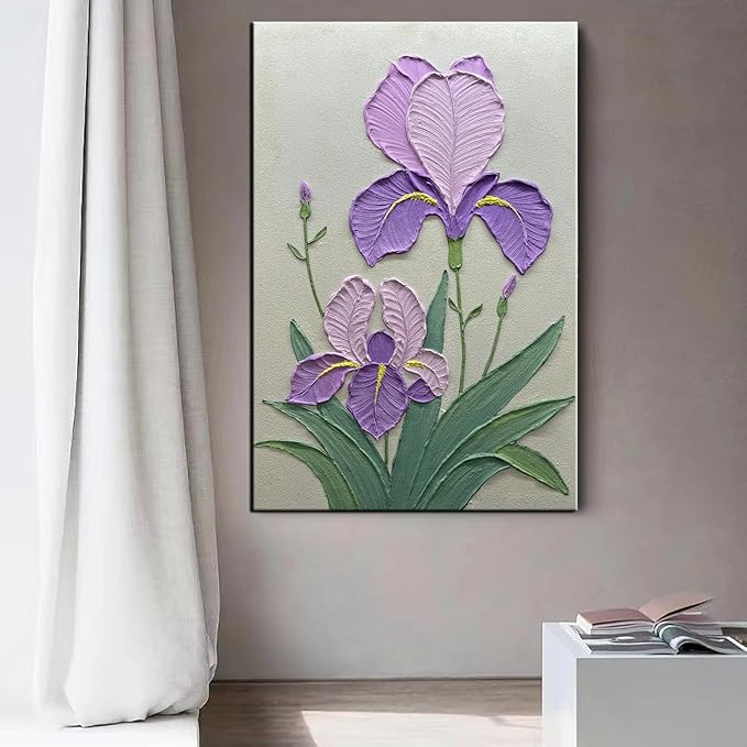 Purple Iris Flowers Textured Wall Art, Original Acrylic Painting, Floral Home Decor