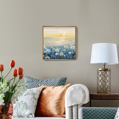 amatop Bathroom Decor Wall Art Framed Canvas Wall Art Modern Beach Coastal Floral Sunset Boho Ocean Artwork Blue Yellow Lotus Flower Zen Wall Picture for Bedroom Kitchen Office Small