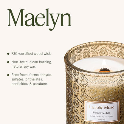 LA JOLIE MUSE Fall Candle | Sahara Amber Candle – Bergamot, Clove & Amber | 19 oz Wooden Wick | Natural Soy Wax | 90 Hours Clean Burn | Gift-Ready for Cozy Nights | Elevated Fall Décor