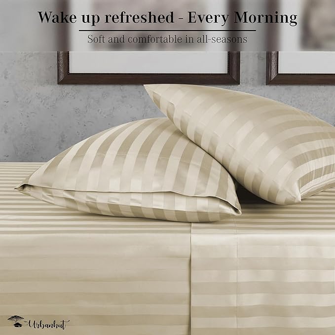 URBANHUT 800 Thread Count Egyptian Cotton Damask Striped California King Size Sheets Set (4 Pc) - Ultra Soft, Sateen Weave Cal King Size Bed Sheets, Luxury Hotel Sheets with 16" Deep Pocket - Ivory