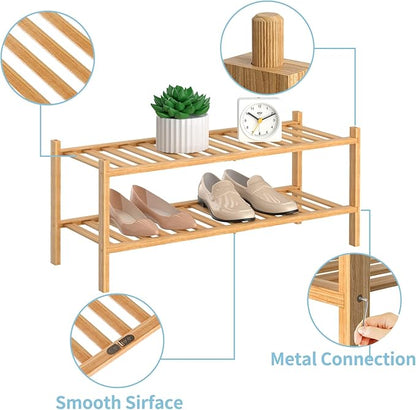 RONGJlA 2 Tier Bamboo Shoe Rack for Closet Free Standing Wood Shoe Shelf Storage Organizer for Entryway Small Space Stackable, Natural