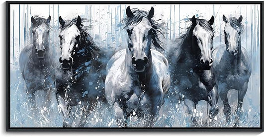DUNHUANG ART Horse Canvas Wall Art - Equine Themed Running Horses Pattern for Home Décor - Rustic Farmhouse Animals Painting - Living Room, Bedroom, Bathroom, Office - White Horse 30"x60"