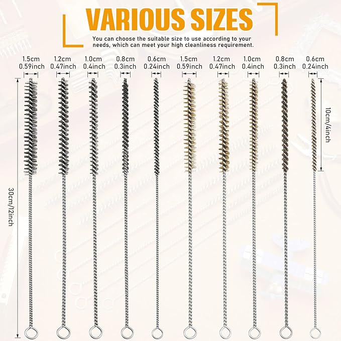 Wire Tube Brushes for Cleaning Pipe Tube Brass Stainless Steel Round Wire Brush for Auto Parts, Bottles, Tubes, 5 Sizes(10 Pieces)