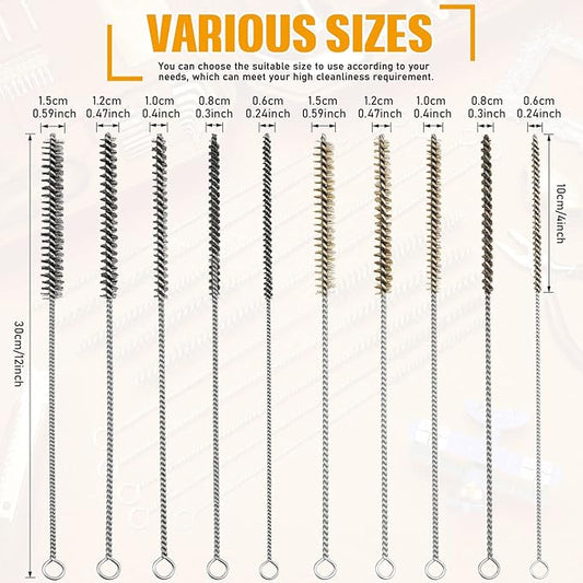 Wire Tube Brushes for Cleaning Pipe Tube Brass Stainless Steel Round Wire Brush for Auto Parts, Bottles, Tubes, 5 Sizes(10 Pieces)