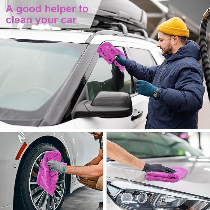Shimeyao 30 Pcs 16 x 16 Inch Edgeless Microfiber Plush Towels for Cars Detailing Drying Wash Polishing Absorbent Cleaning Cloths, 500 GSM (16 x 16 Inch, Purple, 30 Pcs)