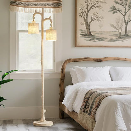 Floor Lamp for Living Room - 69" Rustic Farmhouse Tree Trunk Tall Lamp - Country Resin Vintage Reading Light with Linen Shade Standing Lamps for Bedroom Office Classroom Home Decor (Almond White)