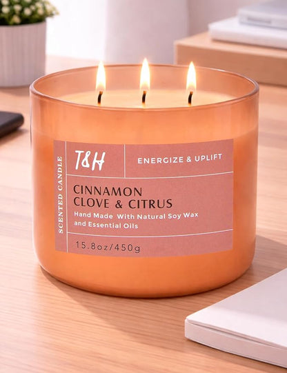 Cinnamon Clove Citrus 3 Wick Soy Candle Large 15.8oz | Spiced Orange Scented Candles for Home | Clean Burn Long Lasting Candle | Warm Cozy Aromatherapy Candle | Housewarming Birthday Gift