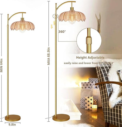 Gold Arc Floor Lamp for Living Room Bedroom,Adjustable Unique Modern Floor Lamps with Remote,Vintage Glass Standing Lamp with Dimmable Bulb,Bright Flower Brass Tall Lamp for Corner Office