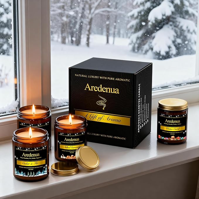 Winter Candles Set | 4 Pack Holiday Scented Candles - Cozy Winter Soy Candle Scents of Warm Cashmere/Firewood/Cedar & Fir/Salted Caramel - Christmas Candle Gifts for Women Men, Holiday Home Décor