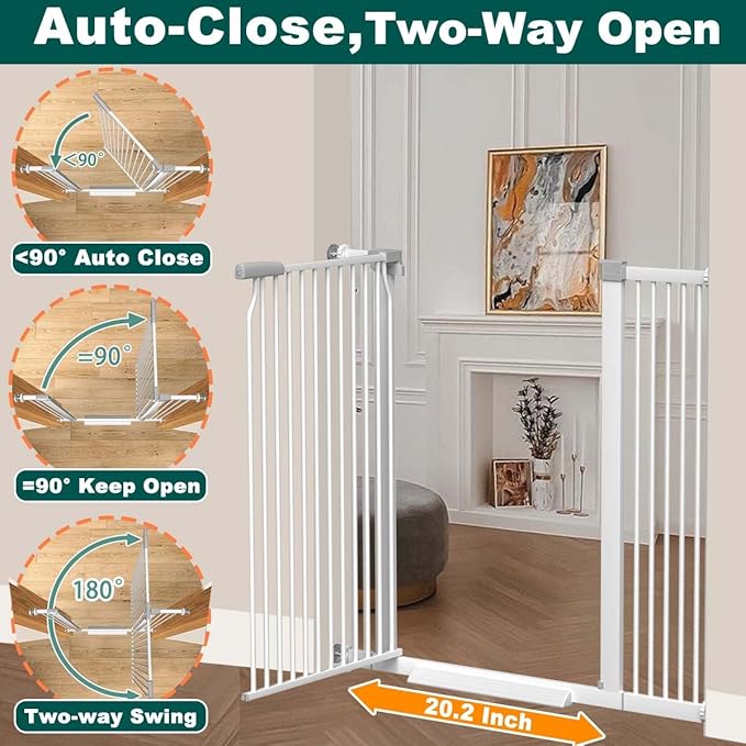 Fairy Baby 40.5" Extra Tall Pet Gate for Doorway, 60.3"-65.7" Extra Wide Dog Gate for Stairs, Metal Auto Close Safety Child Toddler Gate, Pressure Mounted Easy Walk Through Baby Gate with Door, White
