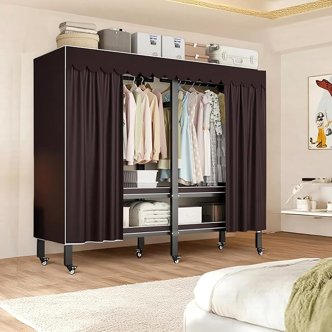 Heavy Duty Clothes Rack with Magnetic Door, Metal Foldable Covered Clothes Rack, Portable Wardrobe Closet System for Hanging Clothes, Rolling Garment Racks for Bedroom (Brown Zipper, 74.8in)