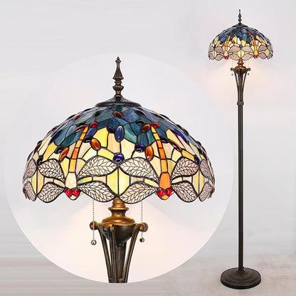 Tiffany Floor Lamp Blue Yellow Stained Glass Dragonfly Standing Reading Light 16X16X70 Inches Antique Pole Corner Lamp Decor Bedroom Office Living Room