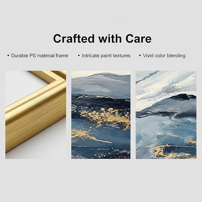 Large Blue and Gold Abstract Canvas Wall Art for Living Room, Framed Mountain Blue Oil Painting for Bedroom,Modern Landscape Office Wall Decor Ready to Hang 28x56 Inches