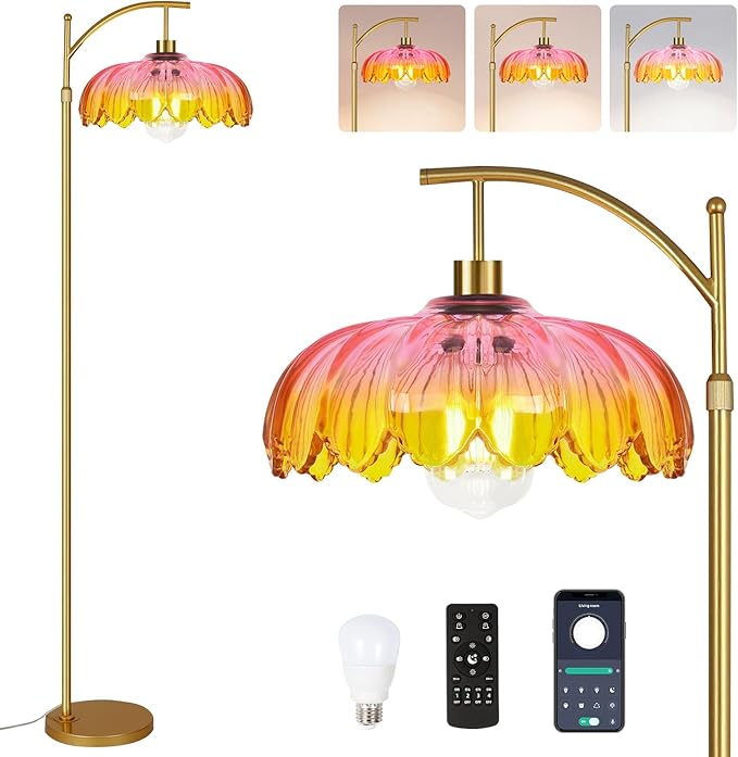 Floor Lamp for Living Room,Bedroom,Gold Dimmable Standing Lamp with Remote,Mid Century Modern Brass Tall Lamp Retro Vintage Glass Lamp Floor Light Boho Bohemian