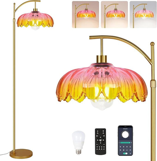 Floor Lamp for Living Room,Bedroom,Gold Dimmable Standing Lamp with Remote,Mid Century Modern Brass Tall Lamp Retro Vintage Glass Lamp Floor Light Boho Bohemian